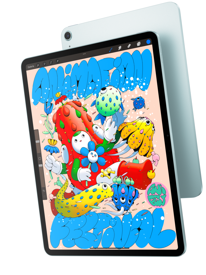 Vista frontal de un iPad Air de 13 pulgadas con la app Procreate que se superpone con la vista posterior de un iPad Air azul