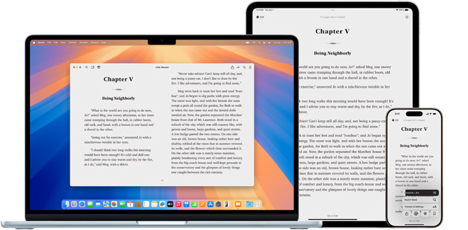 MacBook Pro and iPad Air display a page from the same ebook in the Books app.