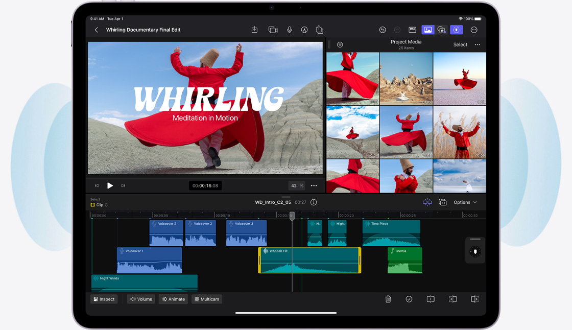 iPad Air, landscape orientation, showcasing editing in Final Cut Pro