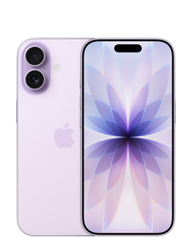iPhone 17, back exterior, lavender color, Dual Fusion camera system at top left, centered Apple logo, front exterior, lavender color, Dynamic Island centered at top