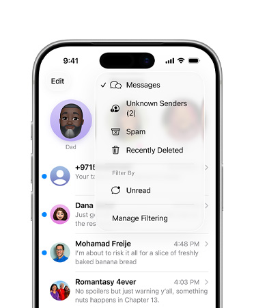 iPhone, top two-thirds showing Messages app with new screening tools feature that now filters unknown numbers into a section called Unknown Senders