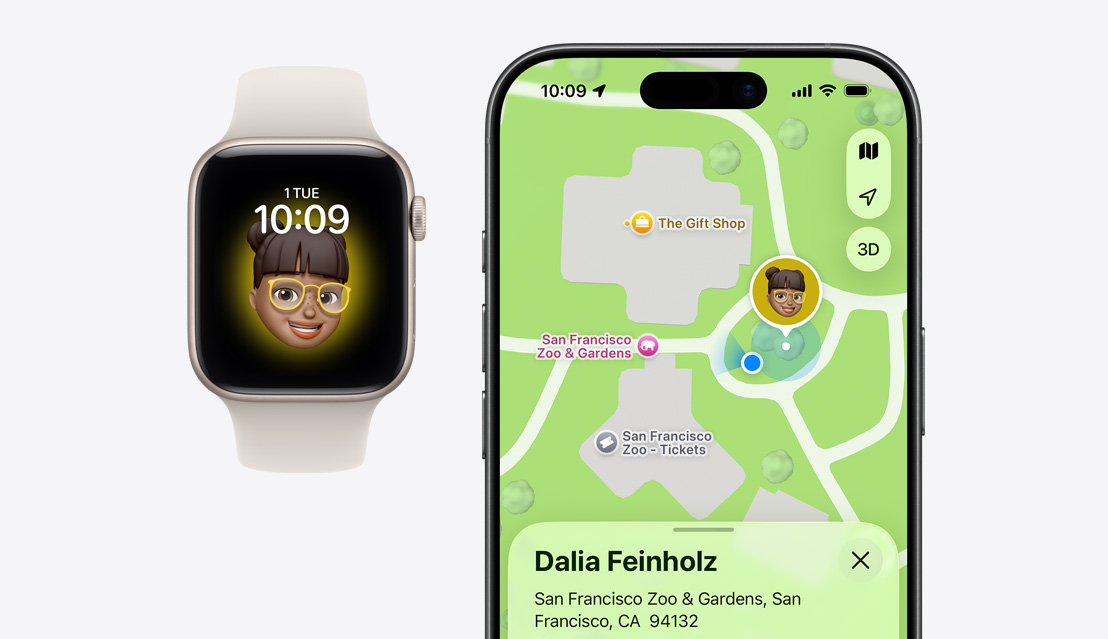 Apple Watch SE 3, child's Memoji on screen, iPhone 17, Find My app, child's location on map
