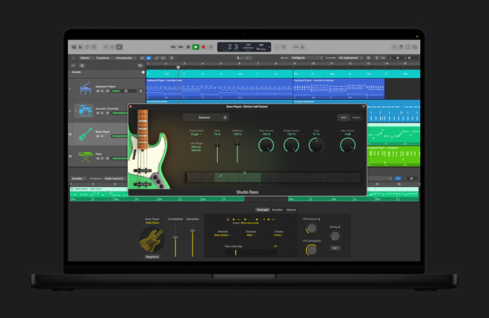 Pantalla de una MacBook Pro de 16 pulgadas, interfaz de Logic Pro con Session Players con IA y una ventana abierta con el título Bass Player: Sixties Half Muted con diferentes niveles de volumen