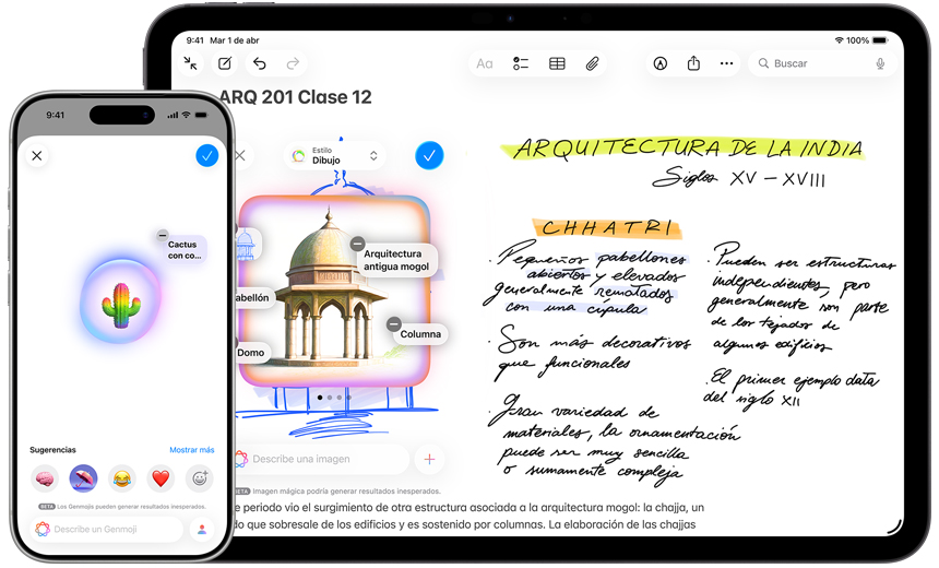 Un iPhone y un iPad muestran cómo Genmoji crea un cactus con los colores del arcoíris y cómo Imagen Mágica convierte un boceto en la imagen de un pabellón estilo mogol.