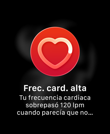 Notificación de frecuencia cardiaca alta, ícono blanco de contorno de corazón sobre un círculo rojo