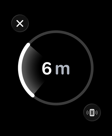 Rastreo Preciso, una barra de progreso blanca rodea la distancia estimada hasta un iPhone
