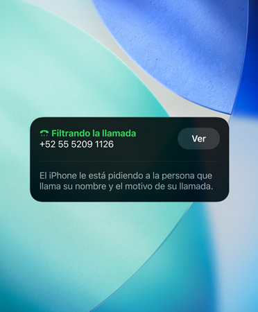 Widget de la app Teléfono que muestra la funcionalidad Revisión de Llamadas en una llamada entrante, con un fondo de pantalla del nuevo sistema operativo