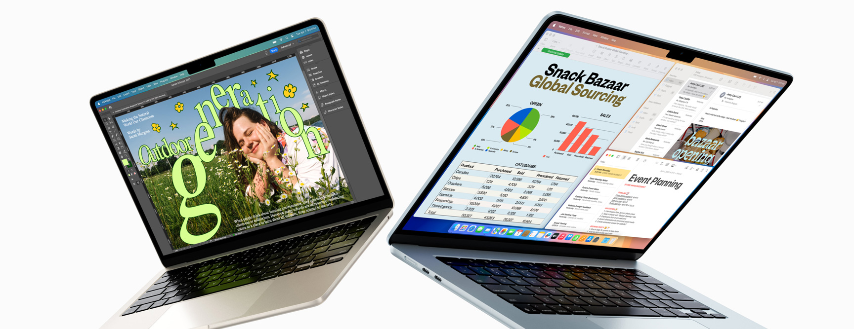 Partially open 13-inch and 15-inch MacBook Air — one screen shows design work in progress, the other shows multitasking across email and spreadsheets