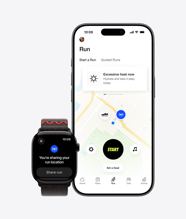 Apple Watch Series 11, location sharing onscreen, iPhone 17, Nike Run Club app maps outdoor run