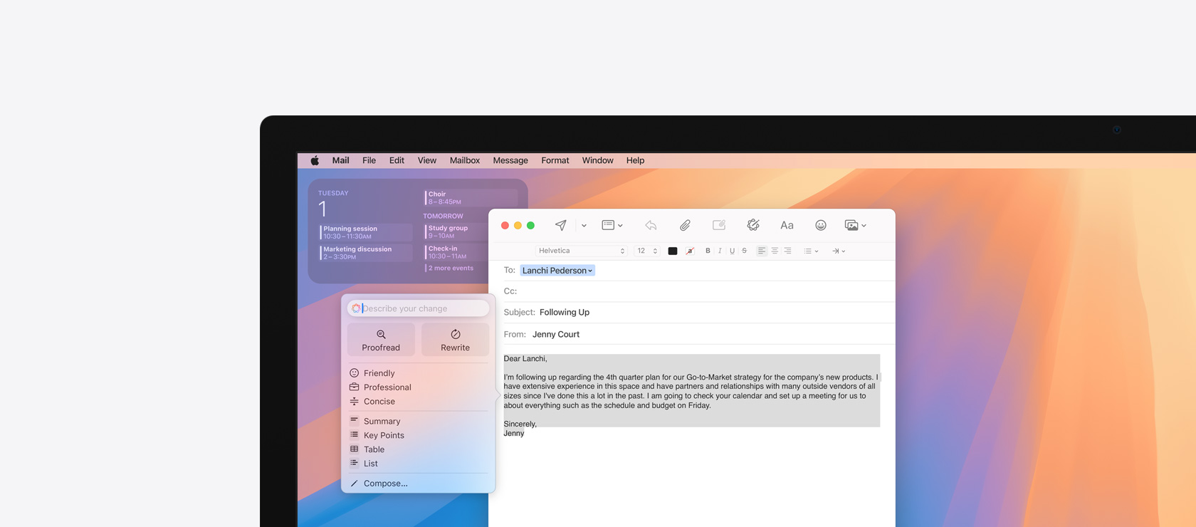 Screen displaying Apple Intelligence feature Writing Tools in Mail.