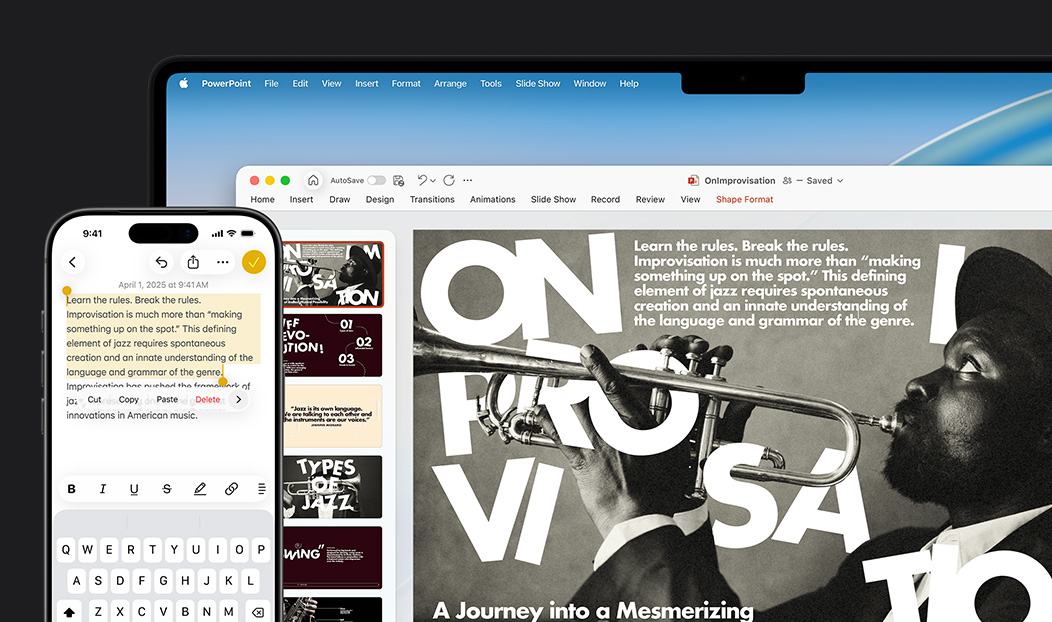 iPhone 16 Plus with text highlighted in the Notes app, MacBook Pro with a Keynote slide open, text from Notes app is visible on the slide