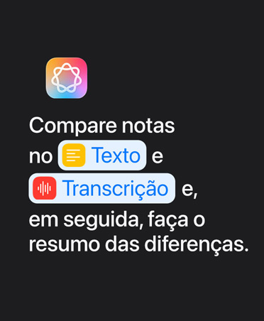 Ícone da Apple Intelligence e prompt de texto: "Compare notas no Texto e Transcrição, e veja o resumo das diferenças"