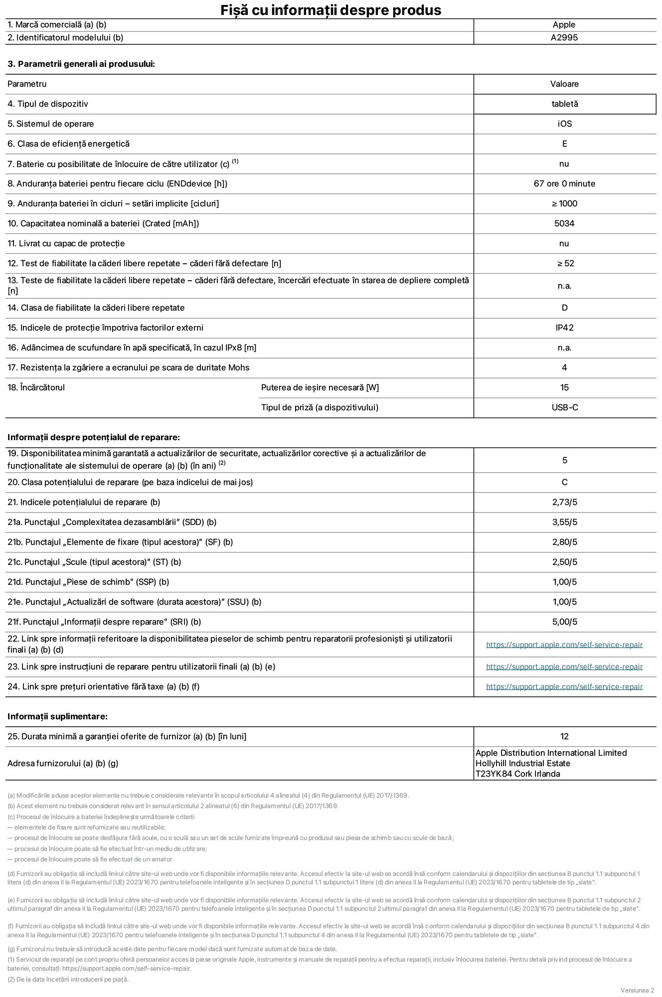 Fișa cu informații despre produs pentru iPad&nbsp;mini&nbsp;Wi-Fi&nbsp;+&nbsp;Cellular, modelul A2995. Furnizată de Apple Distribution International Ltd, Hollyhill Industrial Estate. Cork, Irlanda T23 YK84. Tipul de dispozitiv: tabletă. Sistemul de operare: iOS. Clasa de eficiență energetică: E. Baterie cu posibilitate de înlocuire de către utilizator: nu. Anduranța bateriei: 67&nbsp;de&nbsp;ore. Anduranța bateriei în cicluri: mai mare sau egală cu 1000. Capacitatea nominală a bateriei: 5034&nbsp;mAh. Test de fiabilitate la căderi libere repetate – căderi fără defectare: mai mare sau egal cu 52. Clasa de fiabilitate la căderi libere repetate: D. Indicele de protecție împotriva factorilor externi: IP42. Rezistența la zgâriere a ecranului pe scara de duritate Mohs: 4. Puterea de ieșire necesară pentru încărcător: 15&nbsp;W. Tipul de priză pentru încărcător: USB-C. Disponibilitatea minimă garantată a actualizărilor de securitate, a actualizărilor corective și a actualizărilor de funcționalitate ale sistemului de operare: 5&nbsp;ani. Clasa potențialului de reparare: C. Indicele potențialului de reparare: 2,73/5. Punctajul „Complexitatea dezasamblării”: 3,55/5. Punctajul „Elemente de fixare”: 2,80/5. Punctajul „Scule”: 2,50/5. Punctajul „Piese de schimb”: 1,00/5. Punctajul „Actualizări de software”: 1,00/5. Punctajul „Informații despre reparare”: 5,00/5. Link spre informații referitoare la disponibilitatea pieselor de schimb pentru reparatorii profesioniști și utilizatorii finali: https://support.apple.com/self-service-repair. Link spre instrucțiuni de reparare pentru utilizatorii finali: https://support.apple.com/self-service-repair. Link spre prețuri orientative fără taxe: https://support.apple.com/self-service-repair. Garanție generală oferită: 12 luni.
