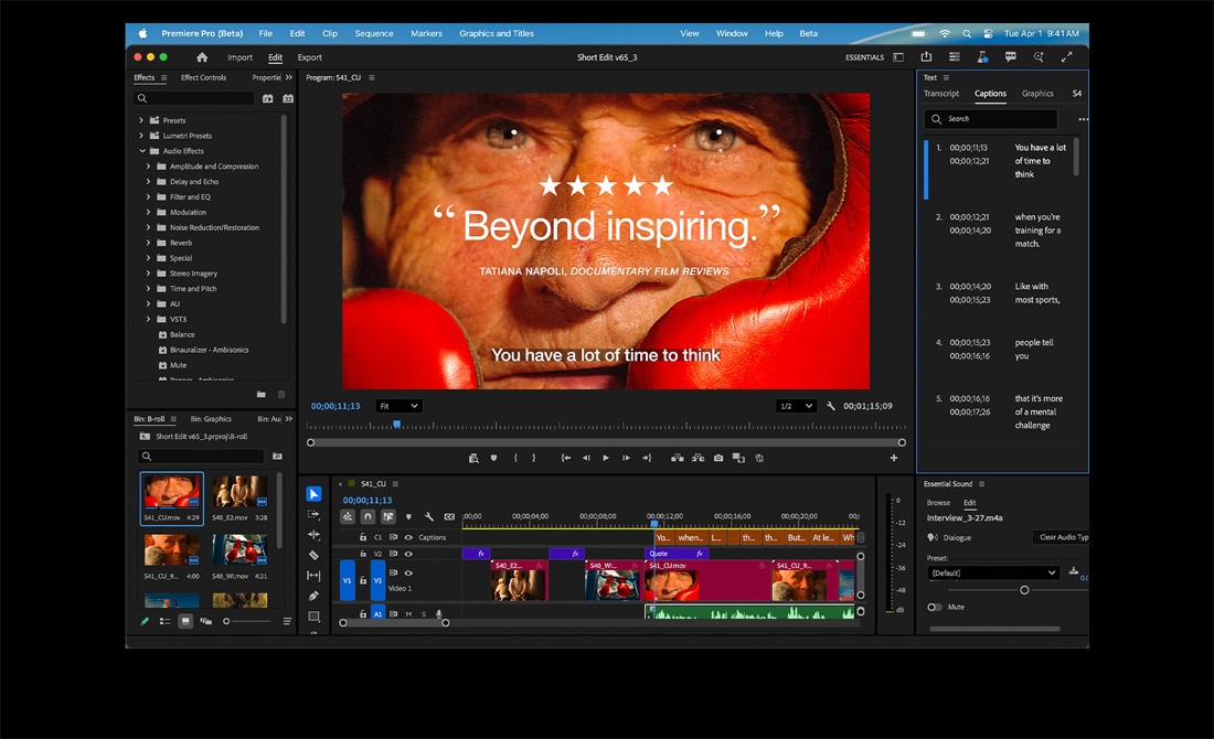 Ecranul MacBook Pro afișând editarea unui film intitulat Eternal Play în Adobe Premiere Pro