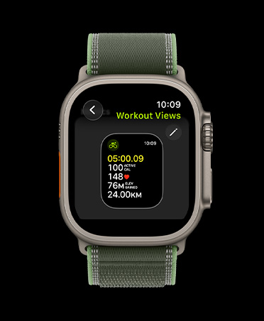 Apple Watch Ultra 3, titanium case, natural colour, edit workout views screen, Trail Loop, green/neon color
