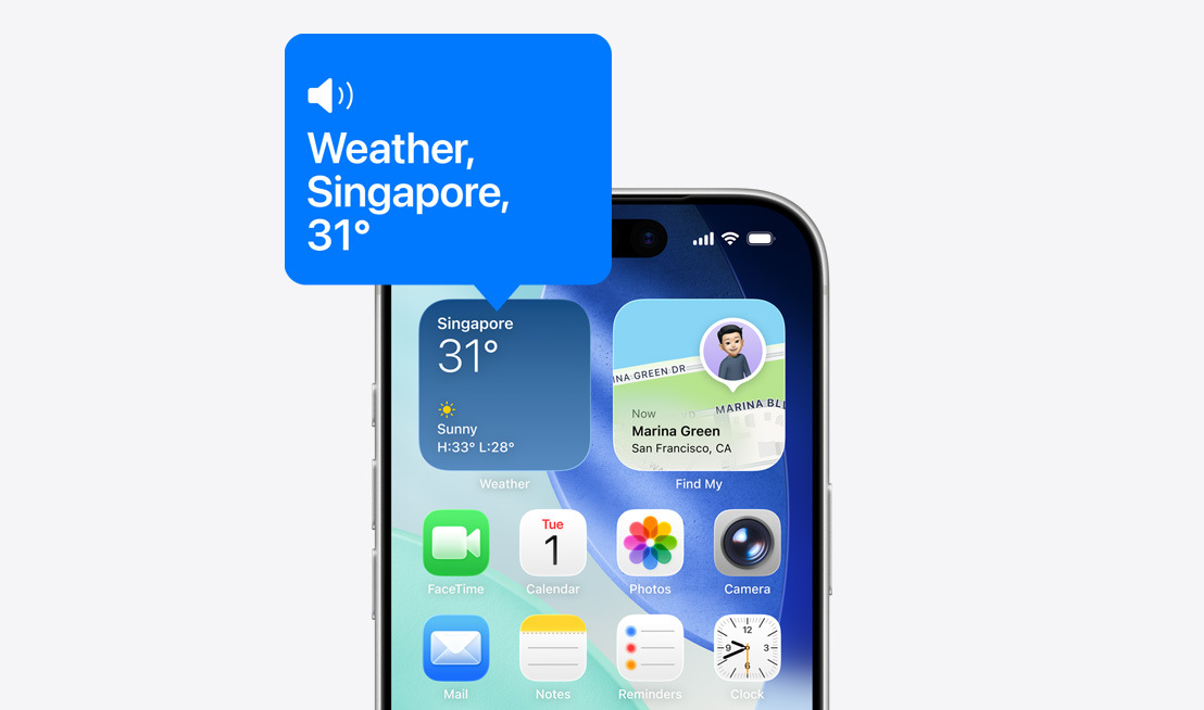 iPhone home screen, icon of weather widget being read aloud with VoiceOver