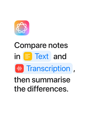 Compare notes in Text and Transcription then summarise, with the words ‘Text’ and ‘Transcription’ highlighted in blue as they appear as they would in the Shortcuts app