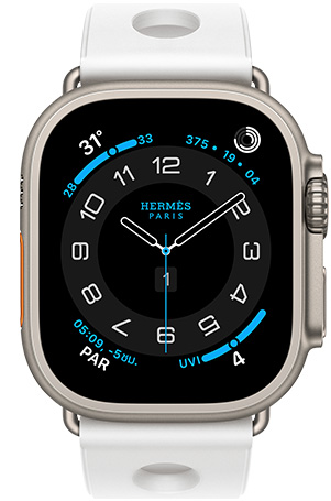 Apple Watch Hermès Ultra 3, ตัวเรือนไทเทเนียมธรรมชาติ, หน้าปัดนาฬิกา Hermès Circulaire, กลไกหน้าปัด: สภาพอากาศ, วงแหวนกิจกรรม, เวลาปารีส, ดัชนี UV, สายแบบ Scub’H Diving, สี Blanc