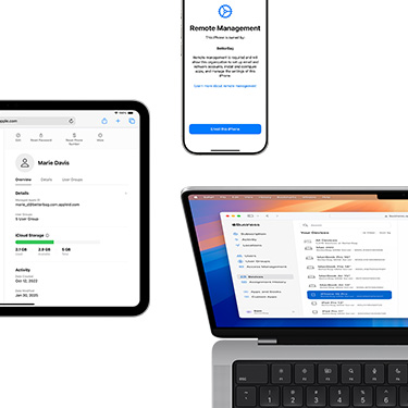 iPad, iPhone และ MacBook แสดงองค์ประกอบต่างๆ ของ Apple Business Manager