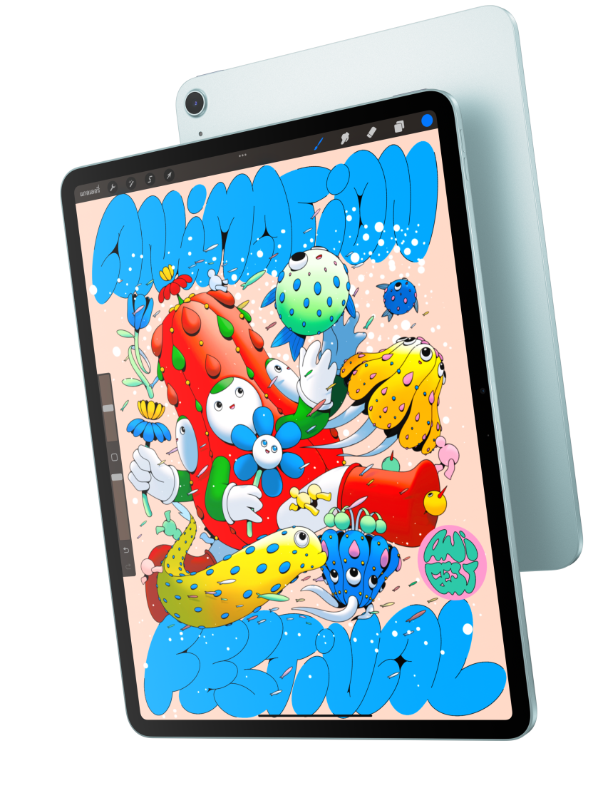 ตัวเครื่องภายนอกด้านหน้า, iPad Air รุ่น 13 นิ้ว ที่แสดงแอป Procreate และทับซ้อนอยู่กับตัวเครื่องภายนอกด้านหลังของ iPad Air สีฟ้า