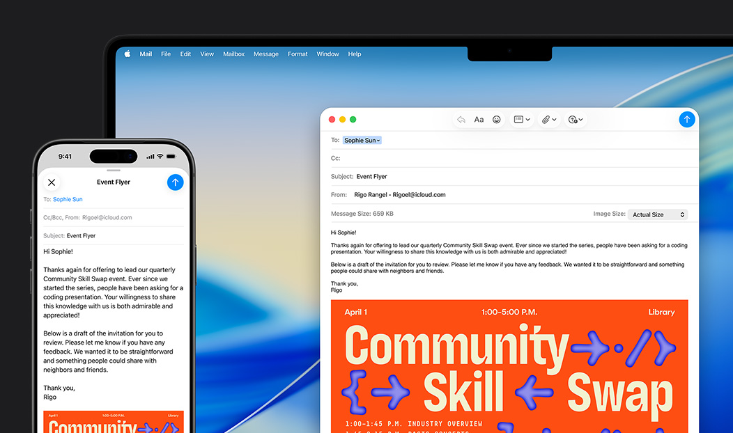 iPhone 16 Plus และ MacBook Pro, แอปเมลที่เปิดอยู่, ร่างอีเมลฉบับเดียวกันเปิดอยู่บนทั้ง 2 หน้าจอ