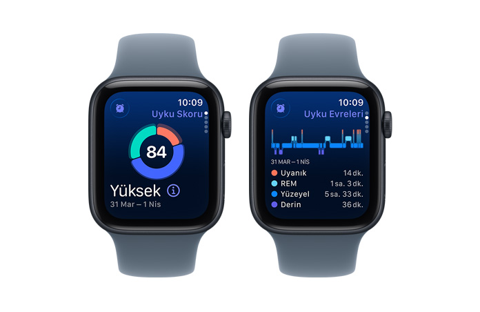 Apple Watch SE 3, uyku skoru, halka grafik ve skor, uyku evreleri uyanık olduğunuz ve REM, yüzeyel uyku ve derin uyku evrelerinde geçirdiğiniz süreyi analiz ediyor