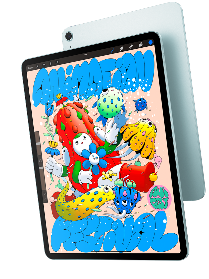 Ön dış yüzey, ekranında Procreate uygulaması görülen 13 inç iPad Air modeli mavi renkli bir iPad Air’in arka dış yüzeyinin üzerinde duruyor