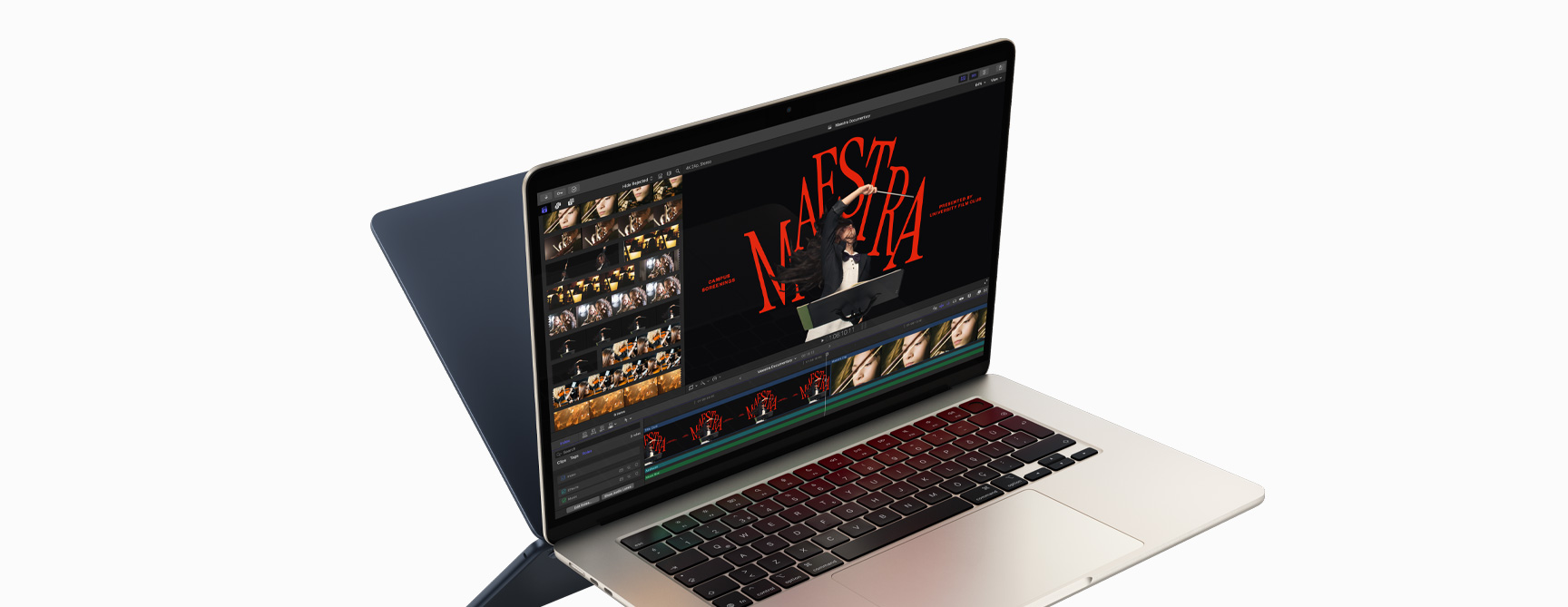 M4 çipin becerilerini göstermek için Final Cut Pro’da video düzenleme yapılan bir MacBook Air görülüyor, ikinci MacBook Air’in önce arkası beliriyor, bir ayna yansıması gibi görünüyor