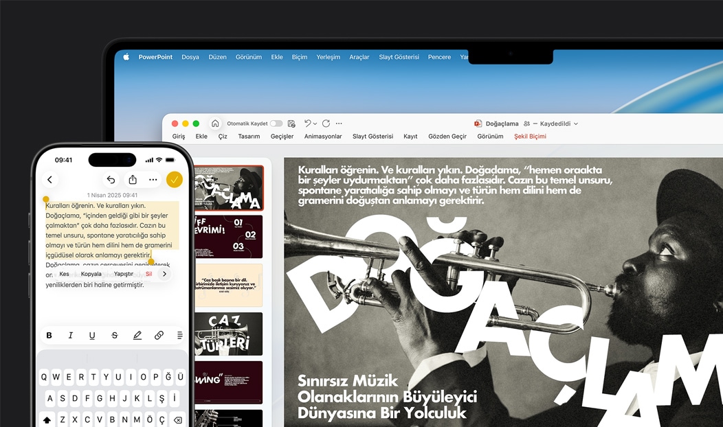iPhone 16 Plus’ta Notlar uygulaması açık ve bir metin seçili, MacBook Pro’da Keynote slaytı açık, slaytta Notlar uygulamasındaki metin görülüyor