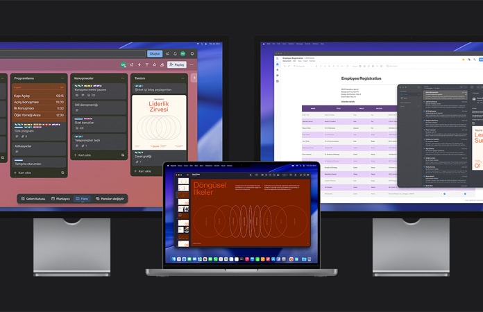 İki adet Studio Display ekranının bağlı olduğu MacBook Pro, ekranlarda bir liderlik zirvesi için yapılan hazırlık, Trello uygulamasındaki görev takibi, hazırlanan bir sunum ve mail üzerinden incelenen tasarım dosyaları gösteriliyor