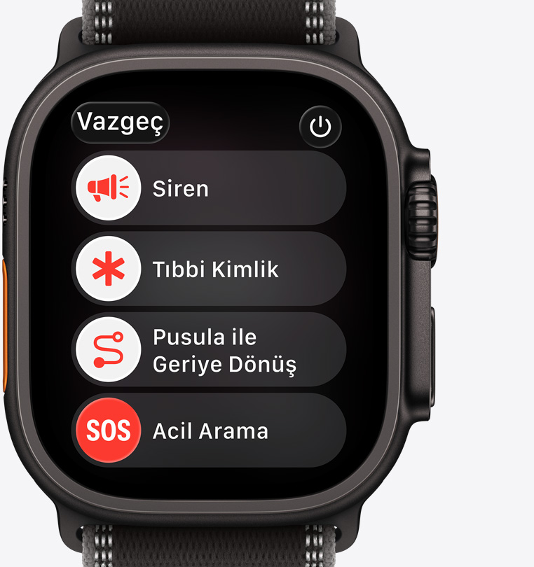 Apple Watch Ultra 3, titanyum kasa, siyah renk, ekranda gösterilen acil yardım seçenekleri: tıbbi kimlik, pusula ile geriye dönüş, acil arama