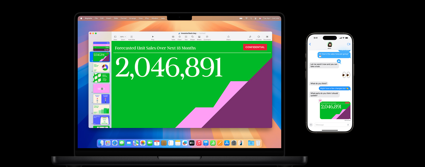 Mac 的螢幕上顯示一份簡報，旁邊的 iPhone 顯示有關簡報內容的討論對話。