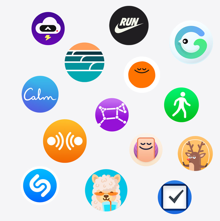 Apple Watch app 圖像：ChargePoint、Yelp、Nike Run Club、SmartGym、Calm、NBA、SwingVision、Oceanic+、微信、Waterllama、Golfshot、JetBlue、AllTrails
