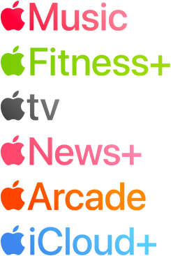 Apple subscription services logotypes including Apple Music, Fitness+, Apple TV, Apple News+, Apple Arcade, iCloud+