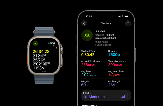 Apple Watch Ultra 3, natural color, titanium case, Ocean Band, anchor blue color, active Swim workout, larger workout metrics breakdown on iPhone