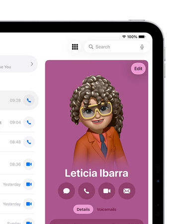 iPad, front right of screen showing a contact card in the Phone app open with options to Message, Call and more