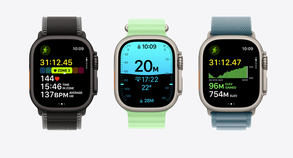 Apple Watch Ultra 3, Workout app screens: running, scuba diving, cycling
