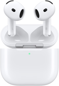 Atvērta AirPods 4 uzlādes kārbiņa, un virs tās gaisā AirPods austiņas.