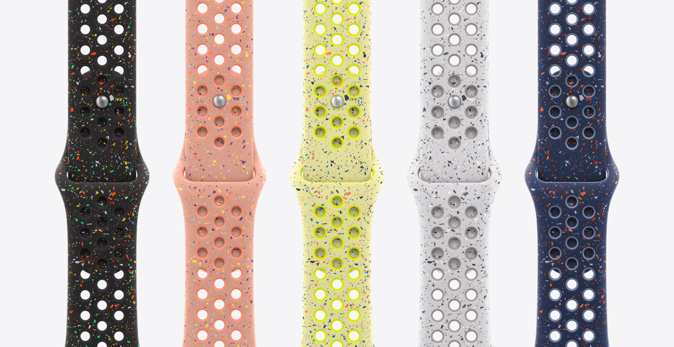 Colores disponibles de la correa deportiva Nike: negro medianoche, rosa alpenglow, Volt Splash, gris sutil y azul cinta