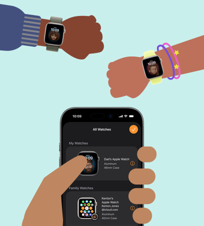 Apple Watch för dina barn, tecknade illustrationer av barns handleder med Apple Watch SE 3 parkopplade med en iPhone i handen på en förälder