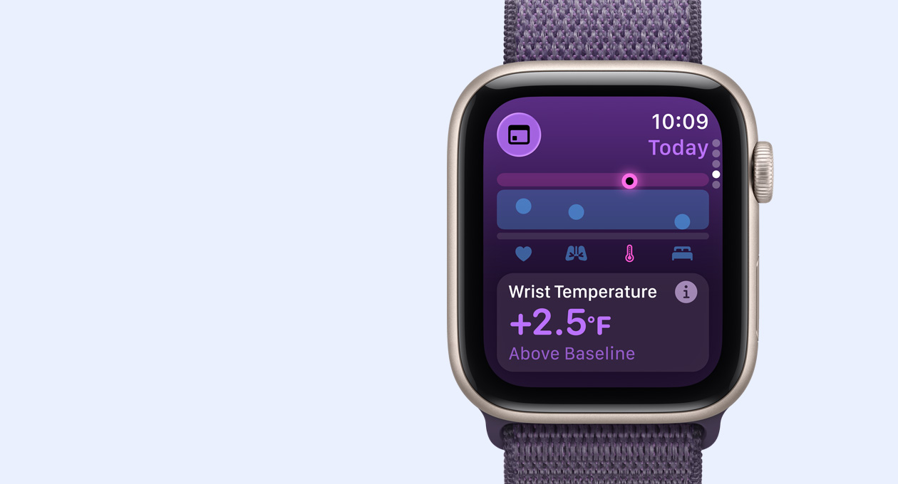 Apple Watch SE 3, kast van aluminium, kleur middernacht, meetwaarden van polstemperatuur, rechterkant, Digital Crown, geweven sportbandje, kleur ankerblauw