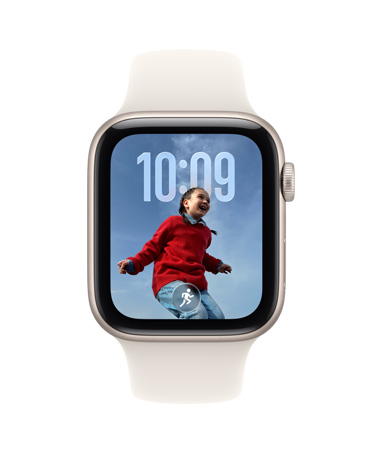 Apple Watch SE 3, kast van aluminium, kleur sterrenlicht, Slimme Stapel-suggestie, suggestie voor Buiten Hardlopen, rechterkant, Digital Crown, sportbandje, kleur sterrenlicht