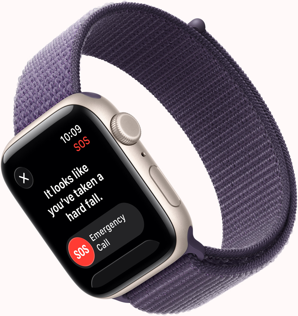 Apple Watch SE 3, kast van aluminium, kleur sterrenlicht, noodmelding Valdetectie, knoppen voor noodoproep en Alles goed, rechterkant, Digital Crown, microfoon, zijknop, bandje, geweven sportbandje, kleur zachtpaars
