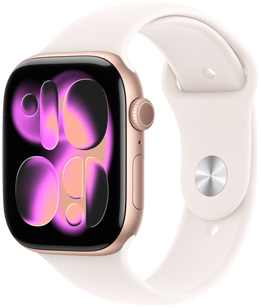 Apple Watch Series 11, toonis roosa kuld, alumiiniumist korpus, Responsive Art sihverplaat, parema külje välimus, Digital Crown, mikrofon, külgnupp, Sport Band, heleroosa, hõbedane tihvtkinnitus