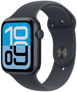 Apple Watch SE 3, alumiiniumist korpus, öösinine, Flux sihverplaat, parema külje välimus, Digital Crown, mikrofon, kügnupp, öösinine Sport Band, hõbedane tihvtkinnitus