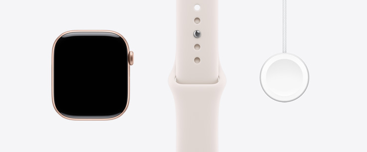 Apple Watch Series 11 med urkasse i aluminium i farven rosaguld, vist forfra med skærm fra kant til kant, Sportsrem i farven sart fersken, hurtig magnetisk Apple Watch-oplader til USB-C-kabel