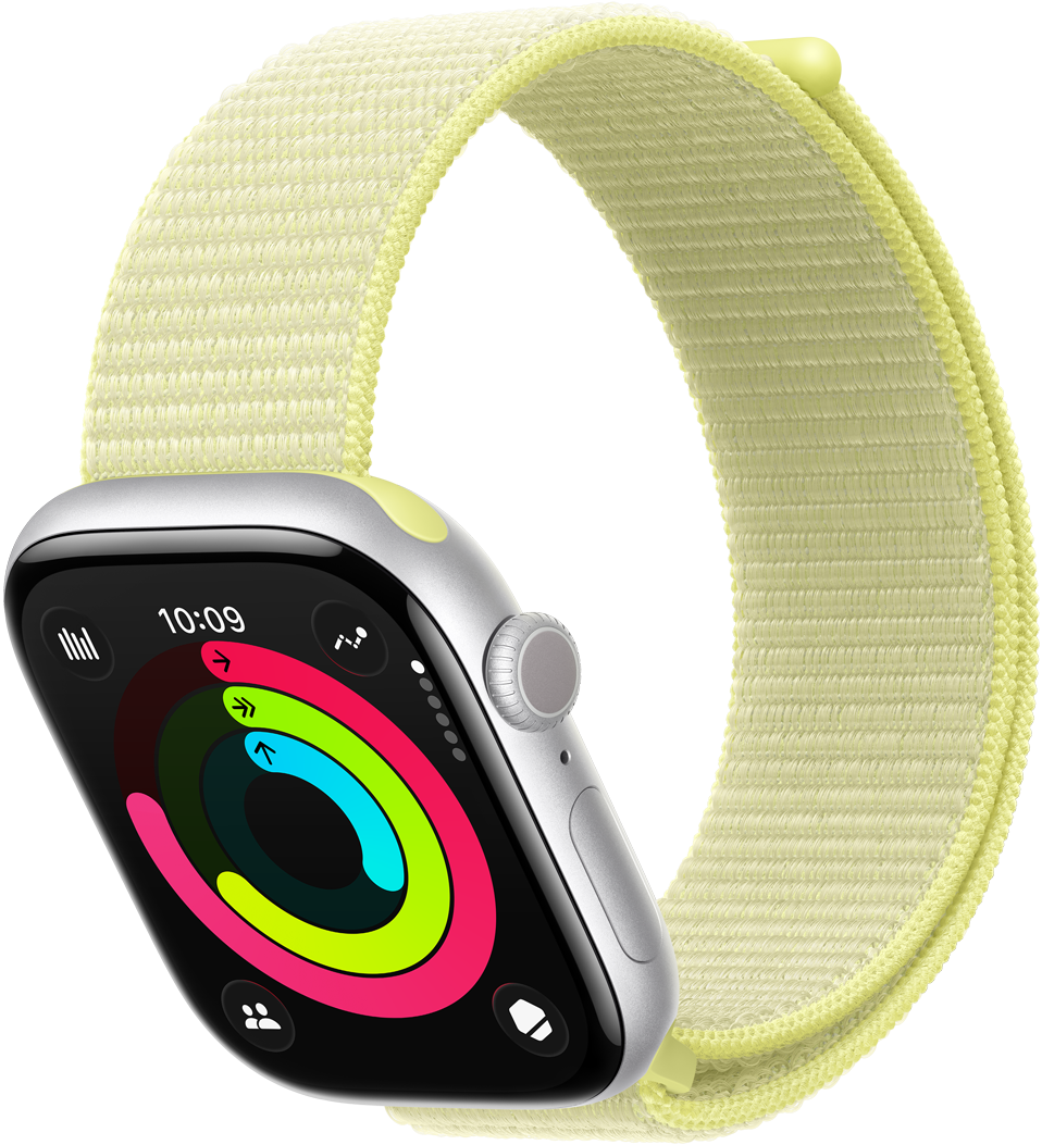 Apple Watch Series 11, silver color, aluminum case, Activity rings: Move, Exercise, Stand, right side exterior, Digital Crown dial, side button, microphone, band, neon yellow Sport Loop