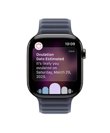 Apple Watch Series 11, slate color, titanium case, ovulation date estimation notification from Cycle Tracking in Health app, Digital Crown, band, Magnetic Link, navy color