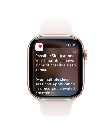 Apple Watch Series 11, rose gold color, aluminum case, expanded sleep apnea notification, right side exterior, Digital Crown, Sport Band, light blush color