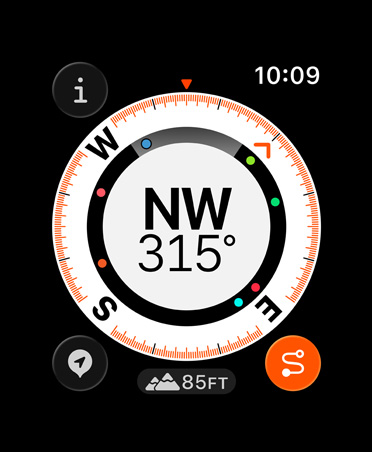 Reitin jäljitys ‑ominaisuus, tietoja: kompassi, korkeus, merkityt reittipisteet